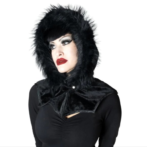 Glamour Black Horror Hood Velvet Faux Fur Full Cover Hat NWT